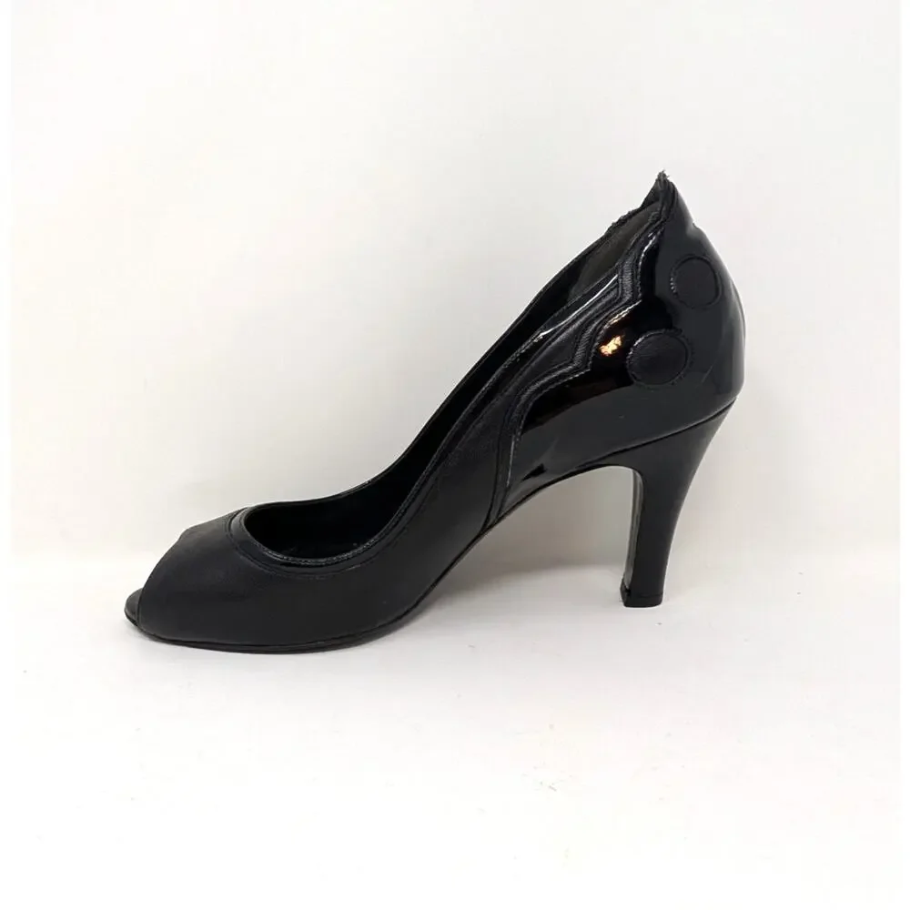 Chanel Black Leather Patent CC Logo Peep Toe Pumps Heels 36